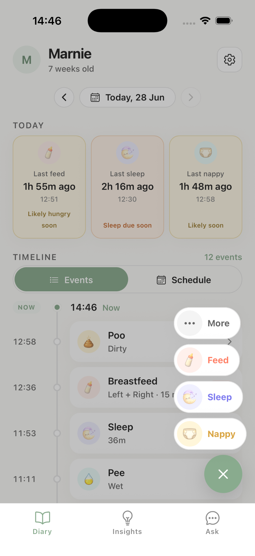 Quick log menu with Feed, Sleep, Nappy and More options