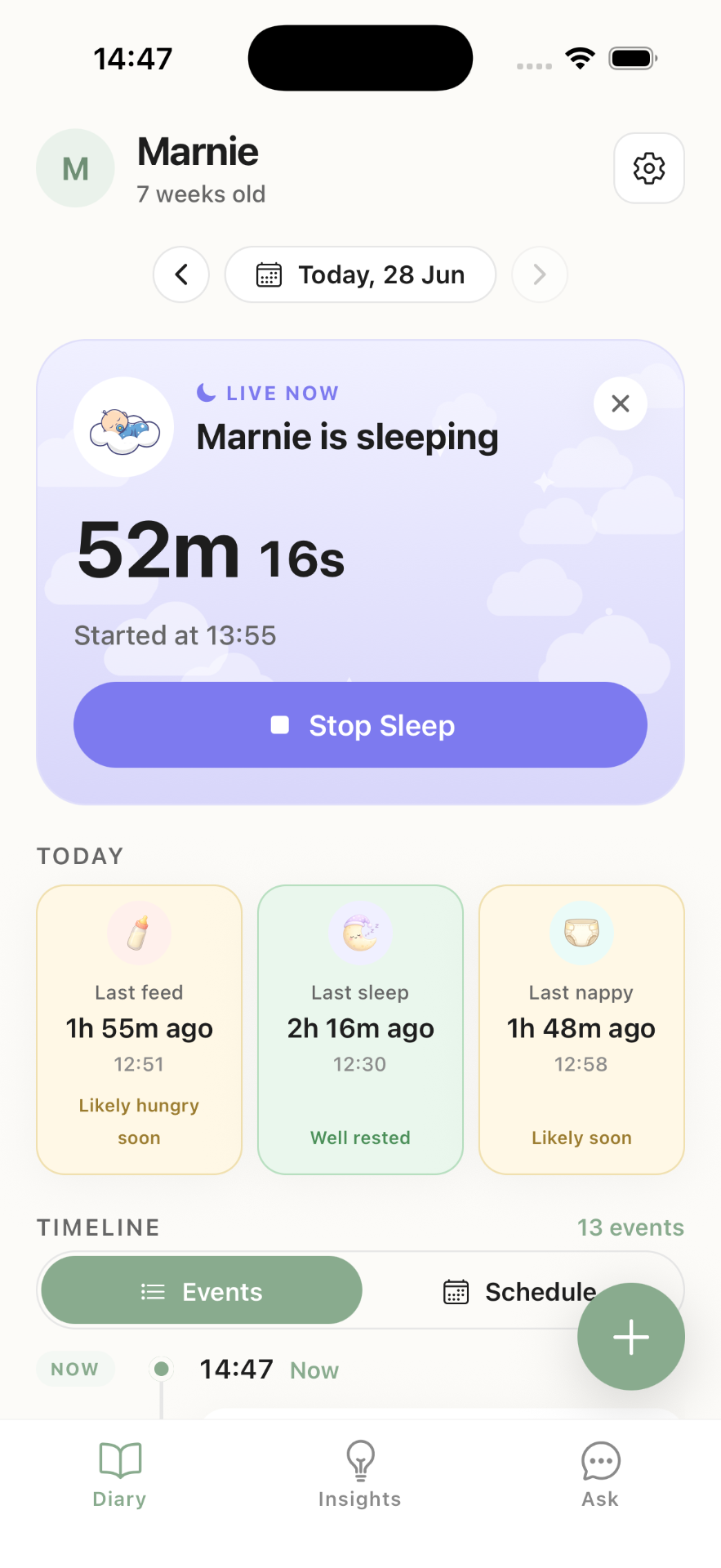 The Baby Diary today view with a live sleep timer running