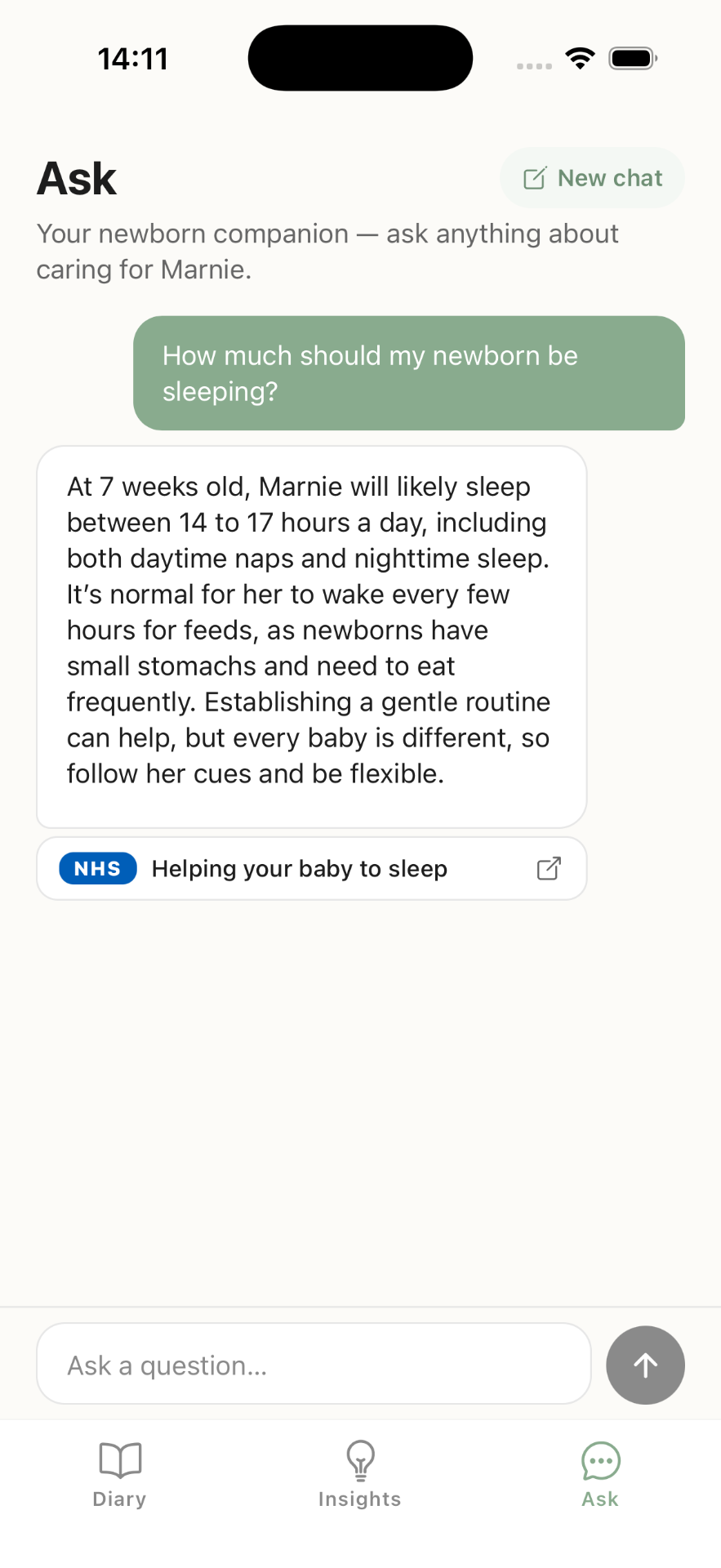 Ask screen with an NHS-grounded answer about newborn sleep
